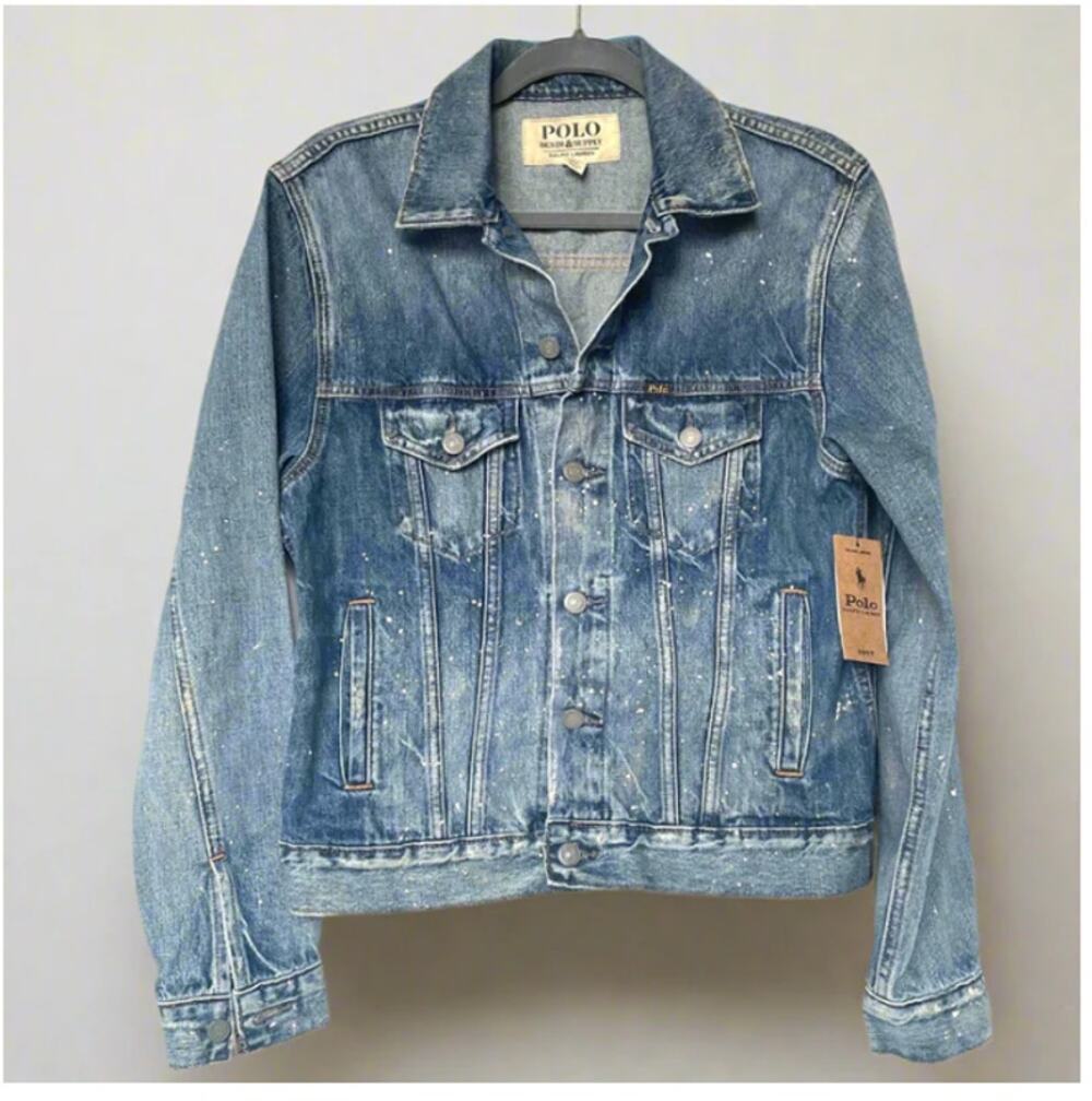 Polo Ralph Lauren Paint Splatter Trucker Jacket Denim Blue Mens Small